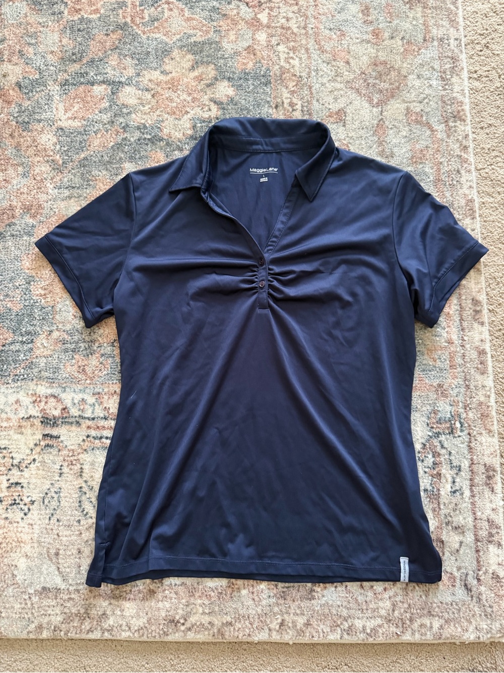 Maggie Lane Navy Short-Sleeve Polo Tee with Ruched V-Neck. Dri-Fit